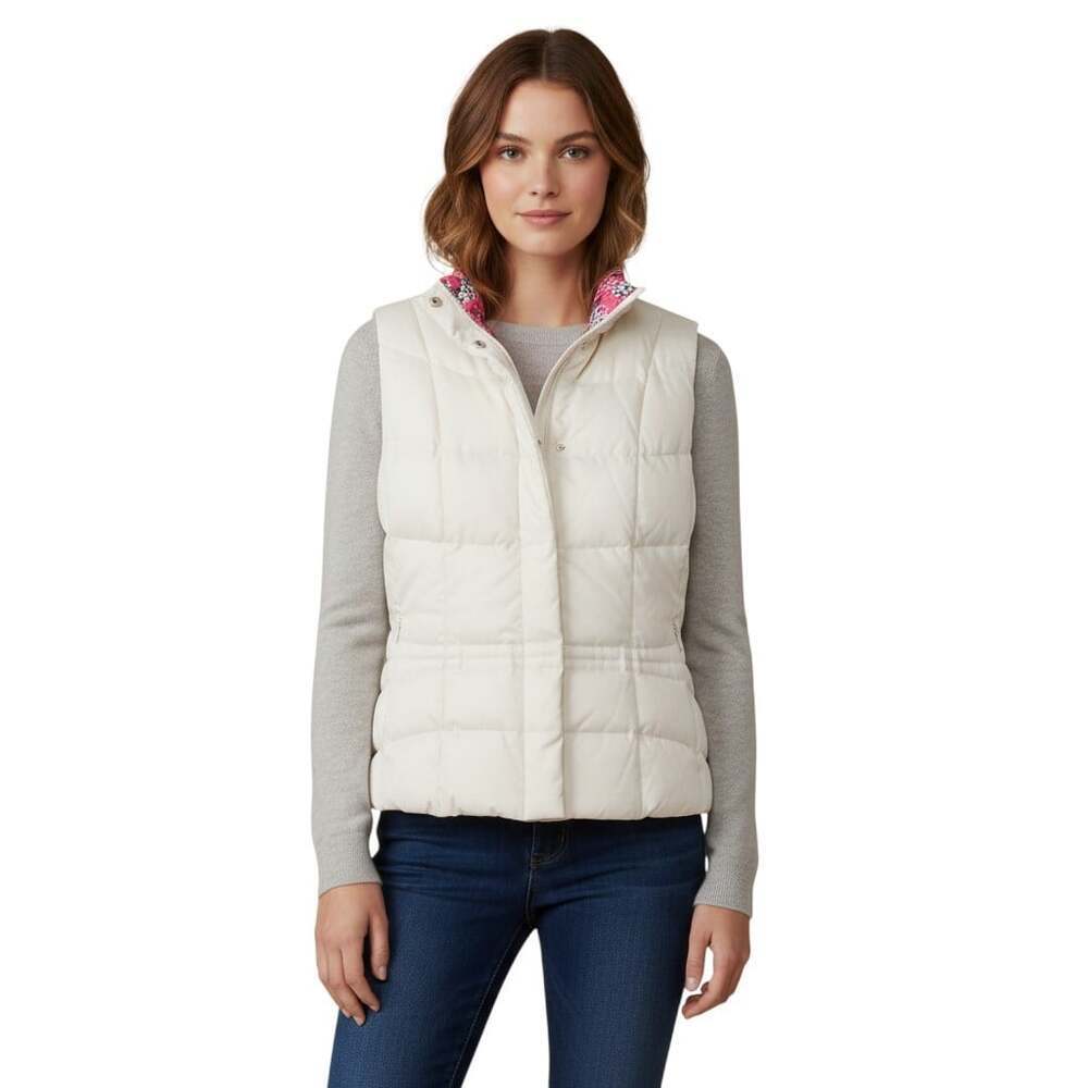 Lilly Pulitzer Women's M Reversible Down Puffer Vest Cream Quilted Paisley Print